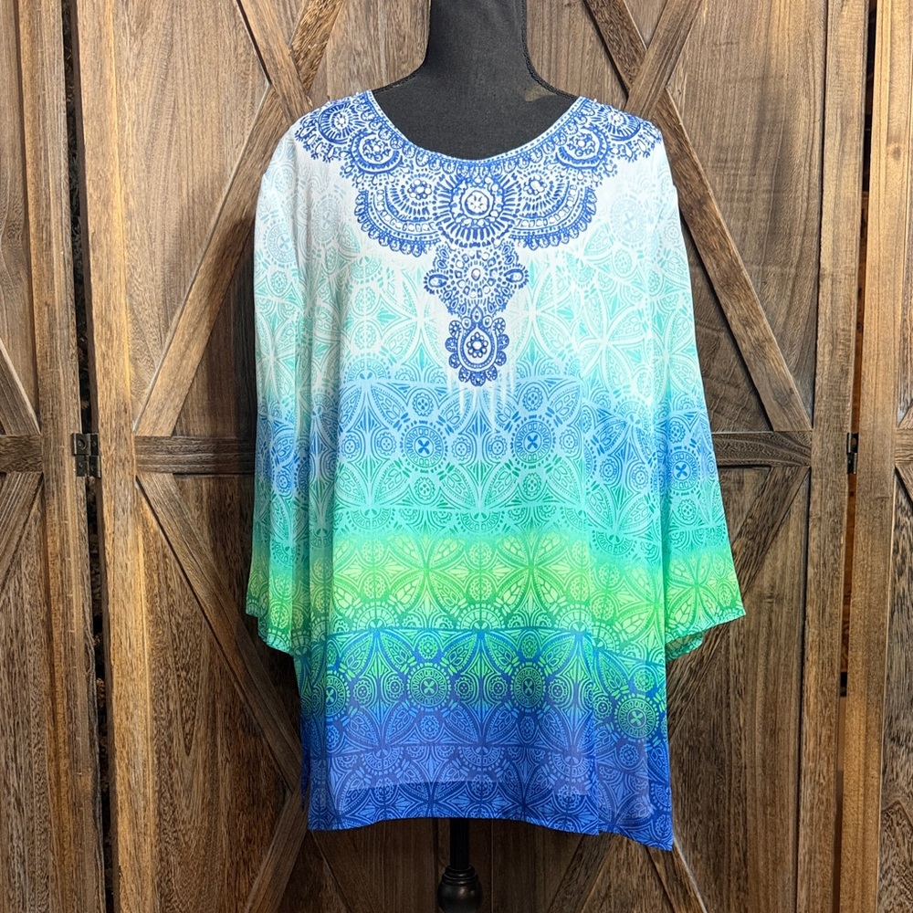 Boho Plus Size Ombre Tunic Top with Blue Mandala Detail